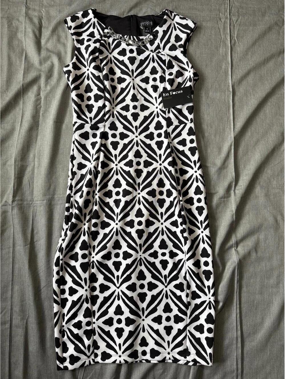 En Focus Studio Womens Size 6 Black & White Geometric Knee Length Dress